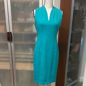 Tahari Teal Notch V-Neck Midi Sheath Dress